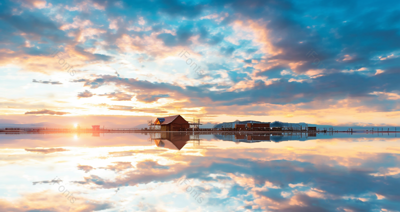 唯美木质小屋木桥天空倒影盐田自然风景摄影背景,高清,摄影图,摄影图片,图片大全,摄影图免费下载